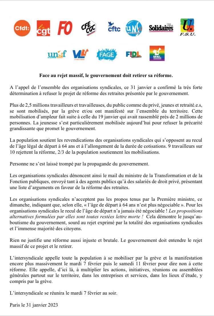 Communique Intersyndical